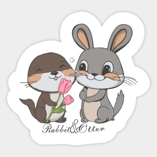 Rabbit & Otter Giving Tulips Sticker
